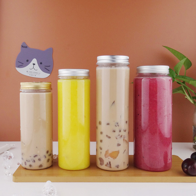 Beverage Round Plastic Pet Boba Juice Bottles Transparent 450ml With Aluminum Lid