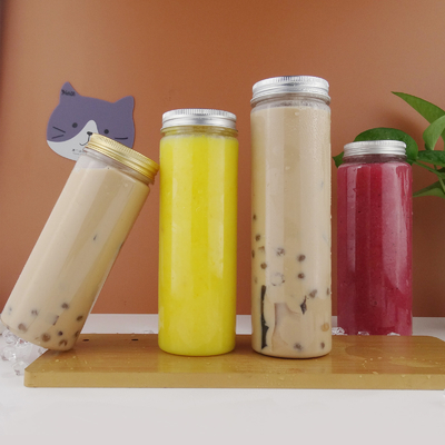 Beverage Round Plastic Pet Boba Juice Bottles Transparent 450ml With Aluminum Lid