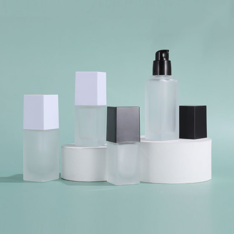 Empty Square Frosted Glass Cosmetic Containers 1.4oz Pump Bottle Personal Care