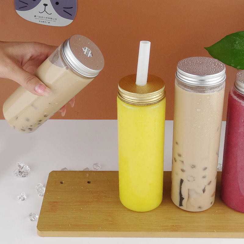 Beverage Round Plastic Pet Boba Juice Bottles Transparent 450ml With Aluminum Lid